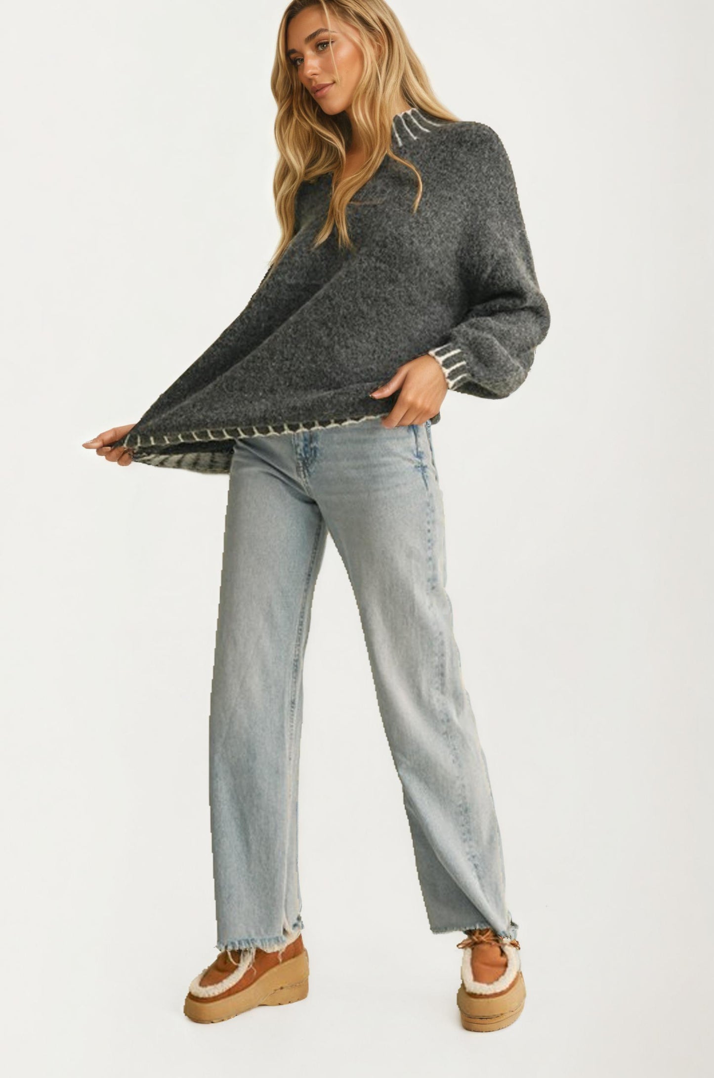 Oversized Brushed Pullover With Contrast Stitch Detail