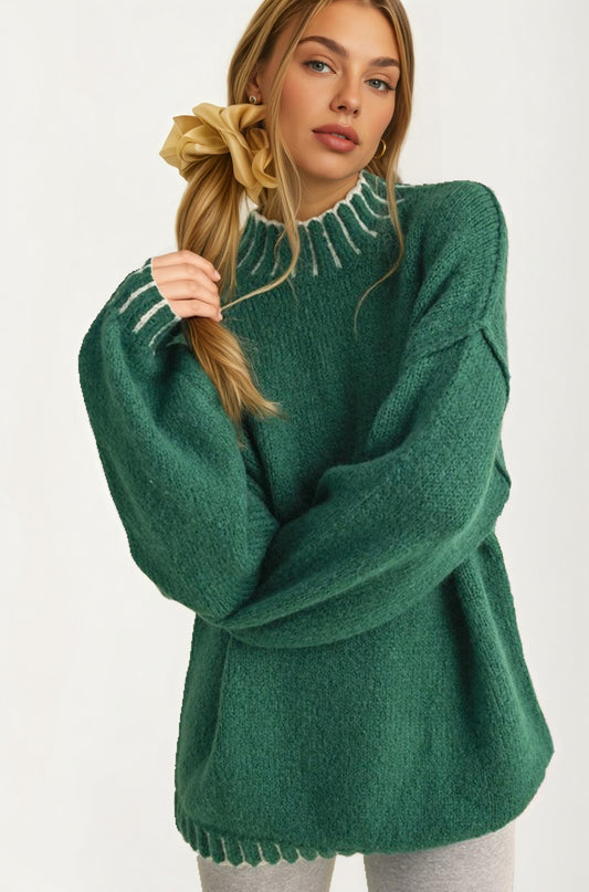 Oversized Sweater With Contrast Trim In Emerald Green