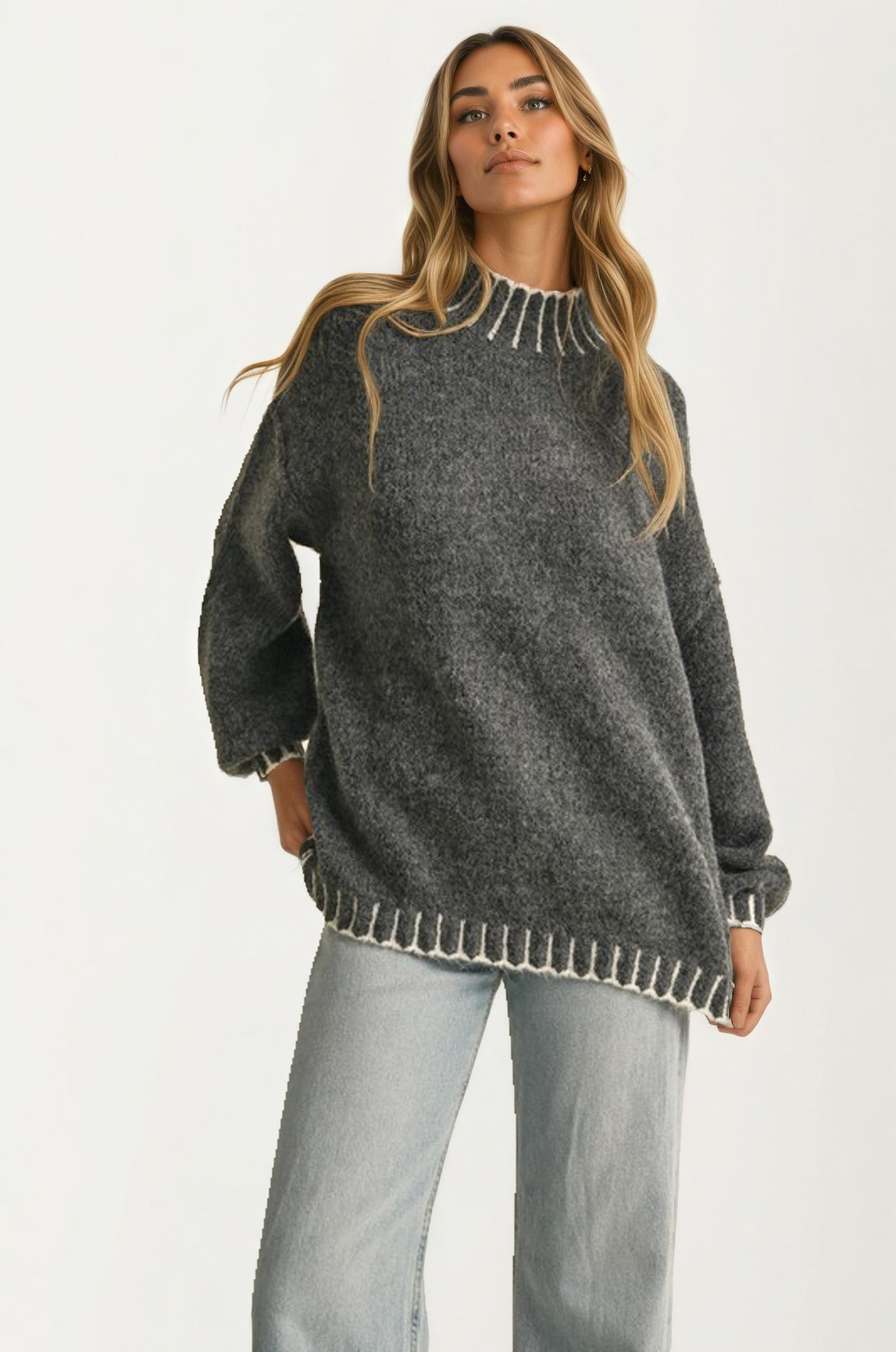 Oversized Brushed Pullover With Contrast Stitch Detail