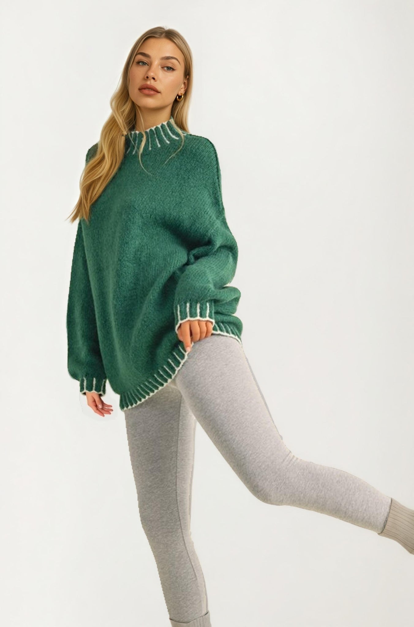 Oversized Sweater With Contrast Trim In Emerald Green