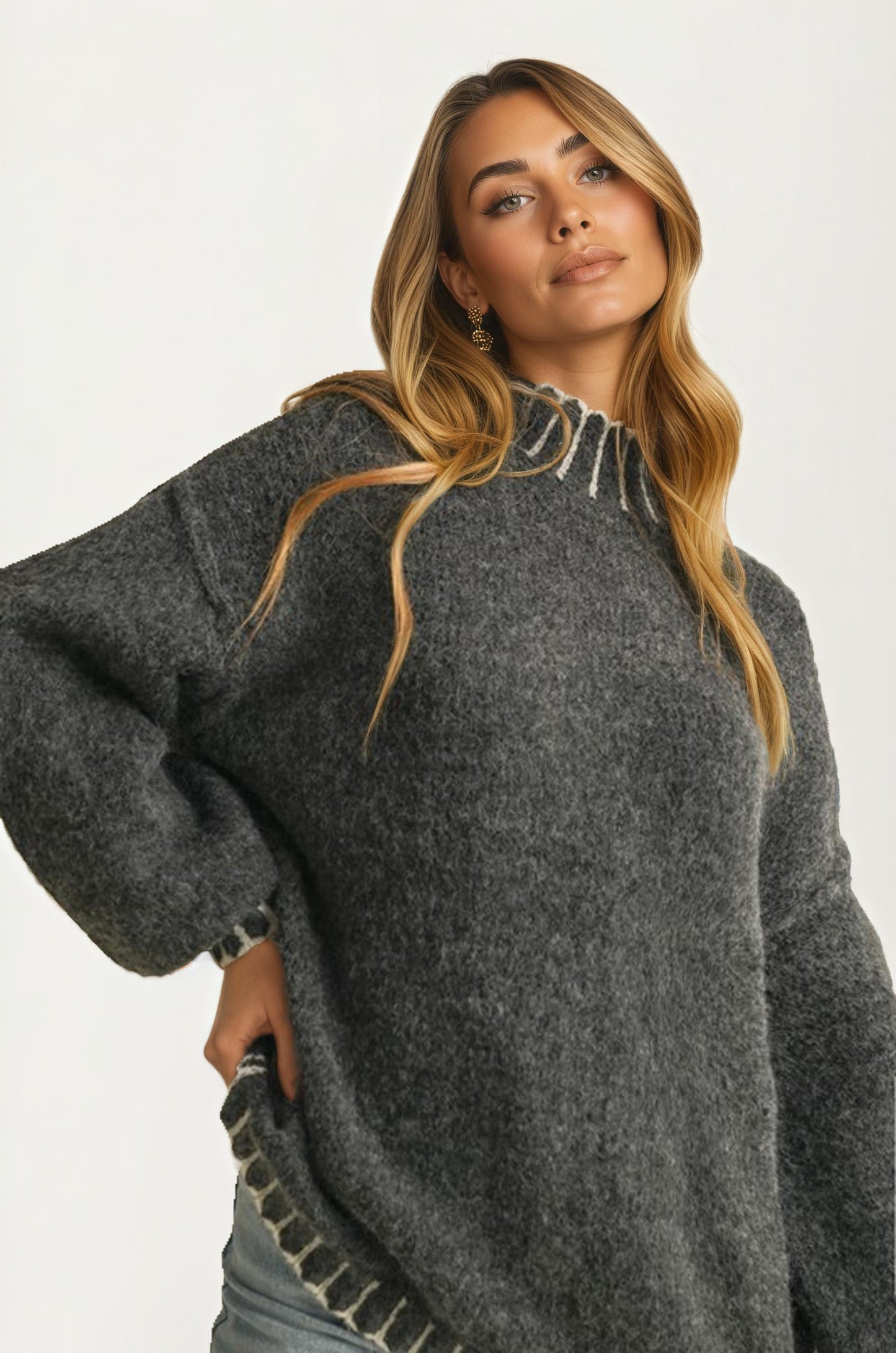 Oversized Brushed Pullover With Contrast Stitch Detail