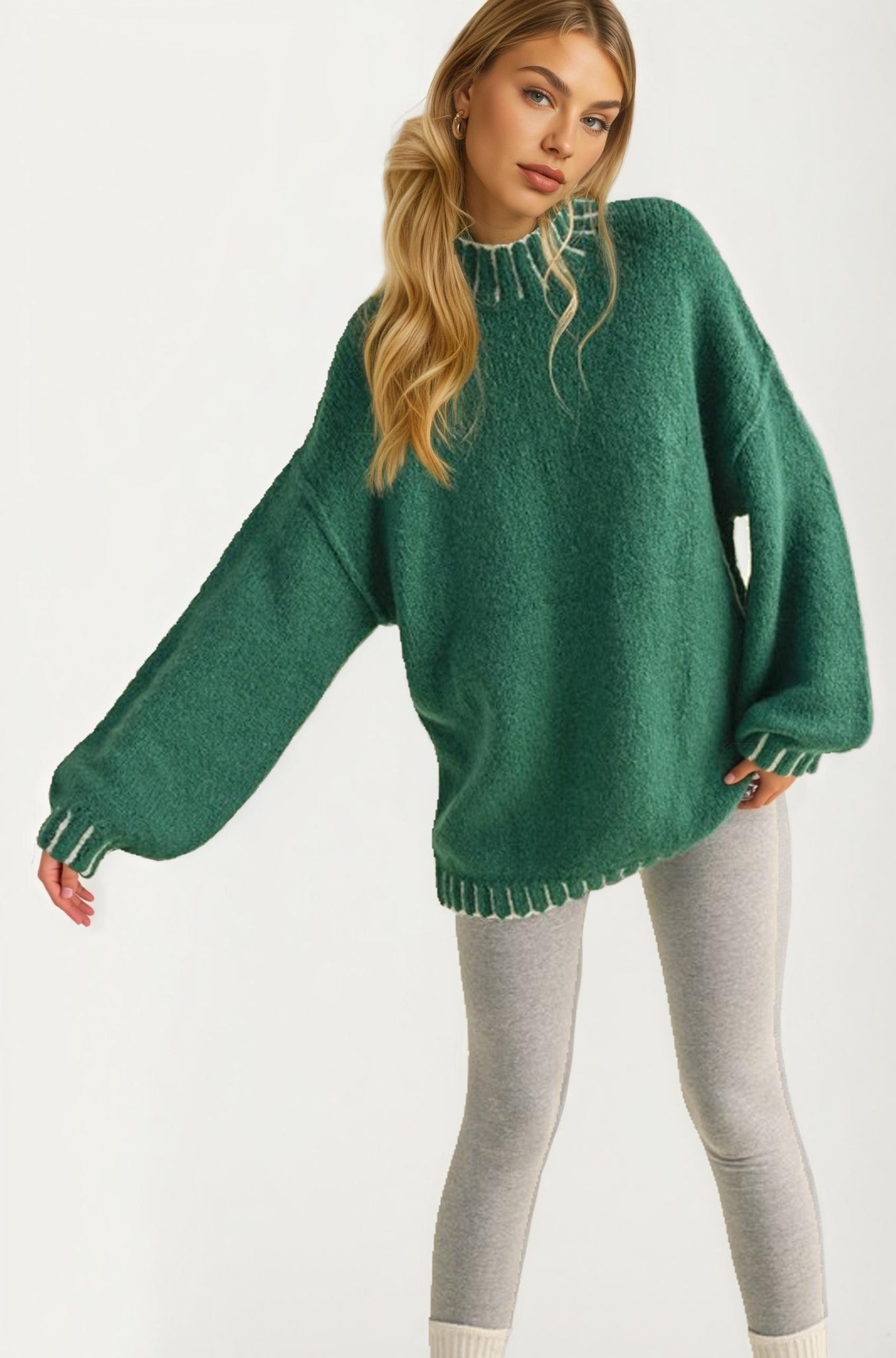 Oversized Sweater With Contrast Trim In Emerald Green