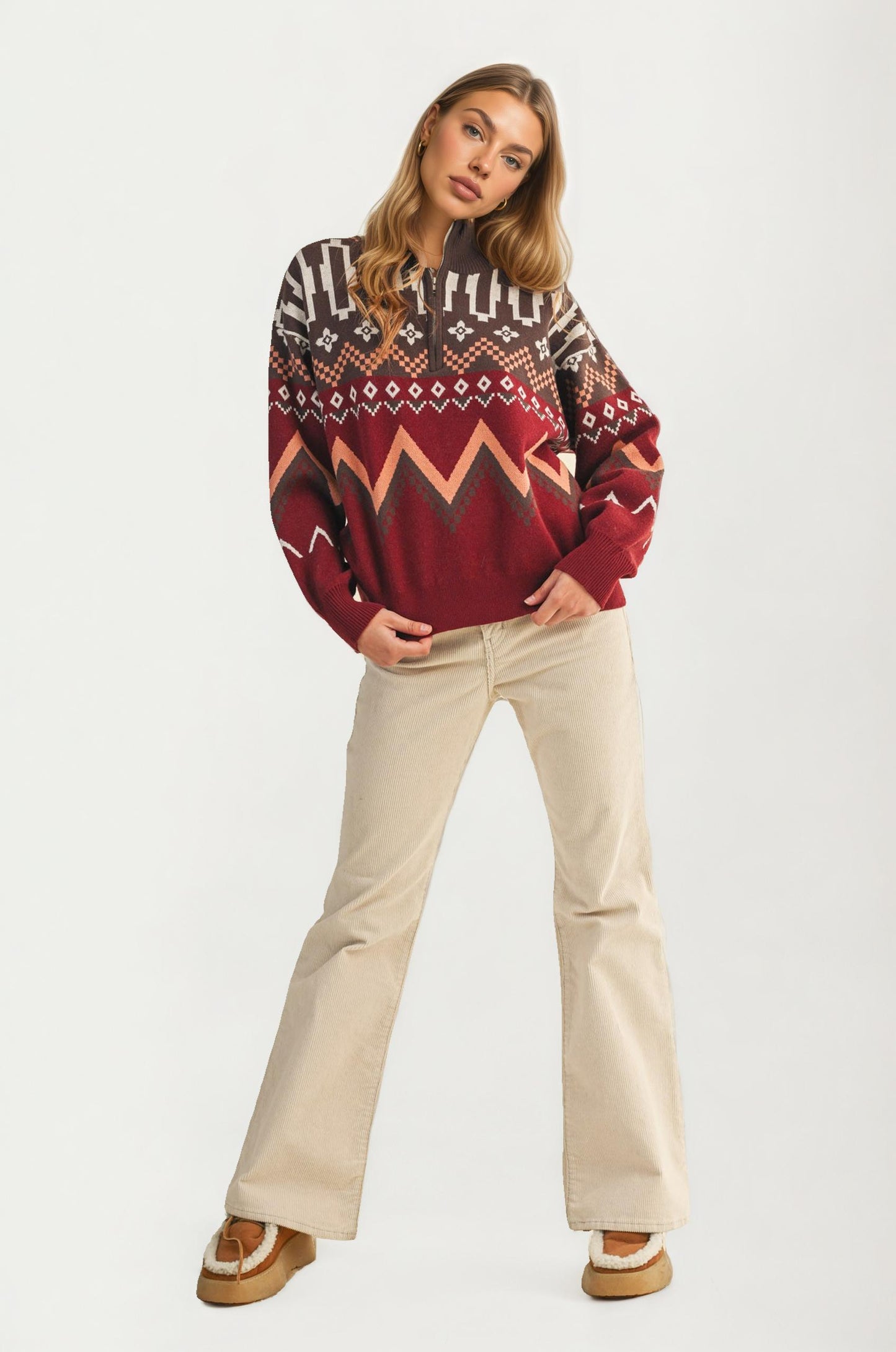 Southwestern Half-Zip Sweater with Bold Geometric Pattern
