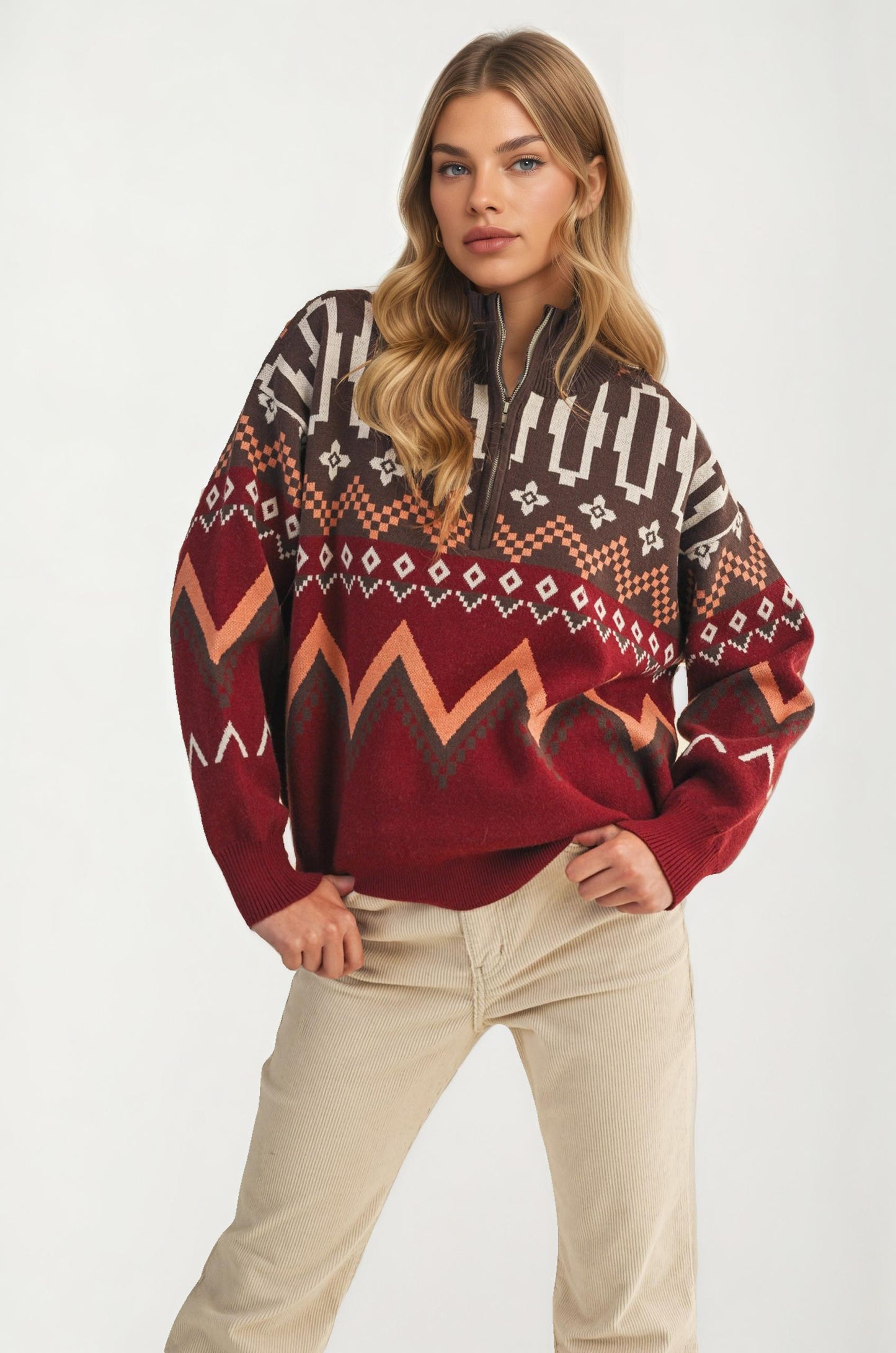 Southwestern Half-Zip Sweater with Bold Geometric Pattern