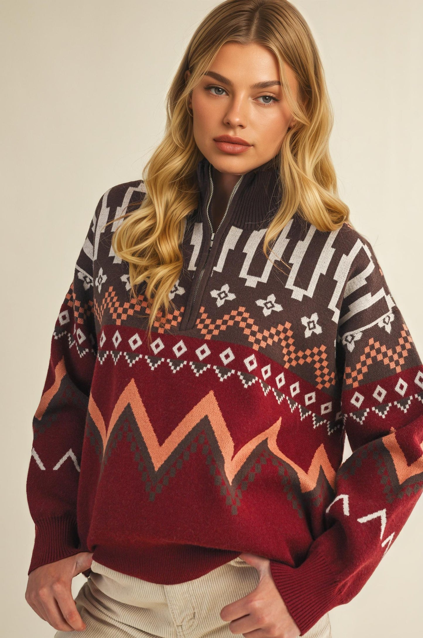Southwestern Half-Zip Sweater with Bold Geometric Pattern