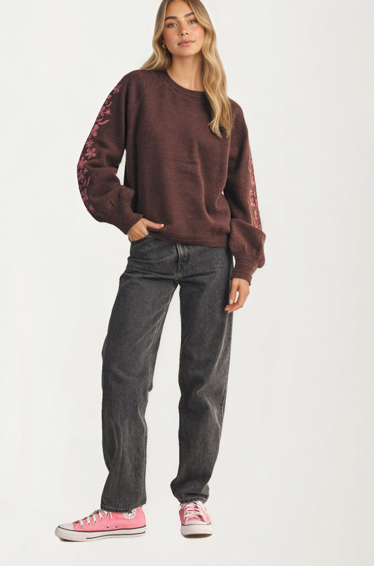 Floral Embroidered Sleeve Sweater with Relaxed Silhouette