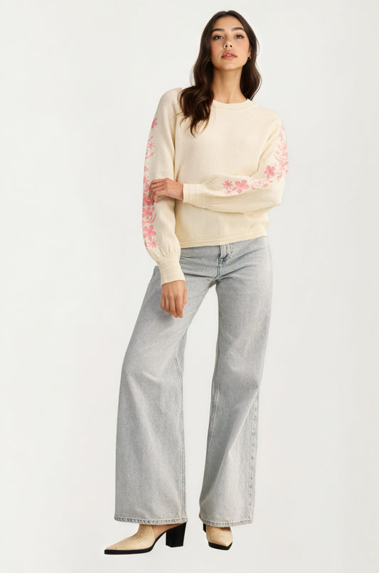 Floral Embroidered Sleeve Sweater with Relaxed Silhouette