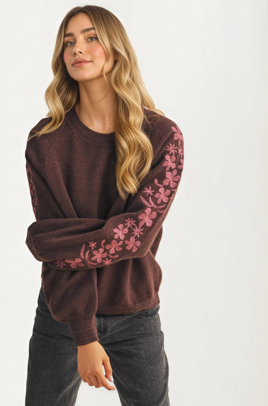 Floral Embroidered Sleeve Sweater with Relaxed Silhouette