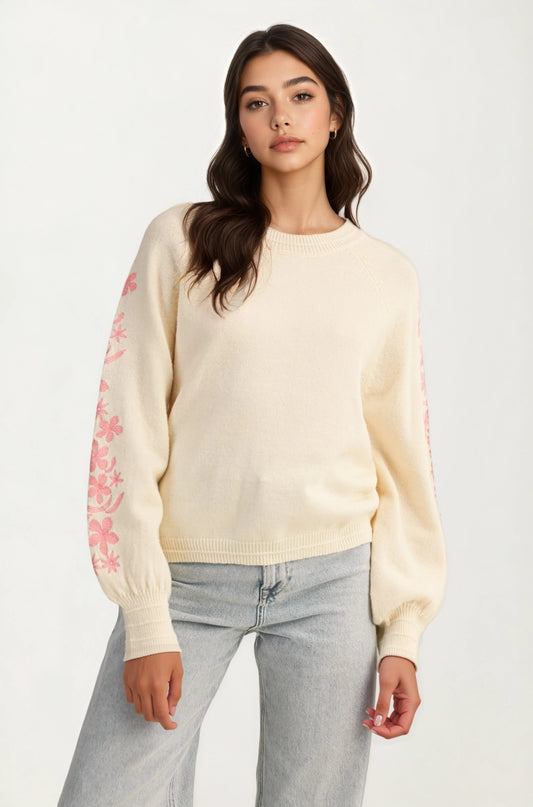 Floral Embroidered Sleeve Sweater with Relaxed Silhouette