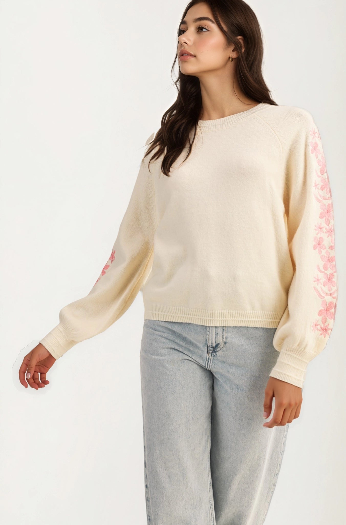 Floral Embroidered Sleeve Sweater with Relaxed Silhouette