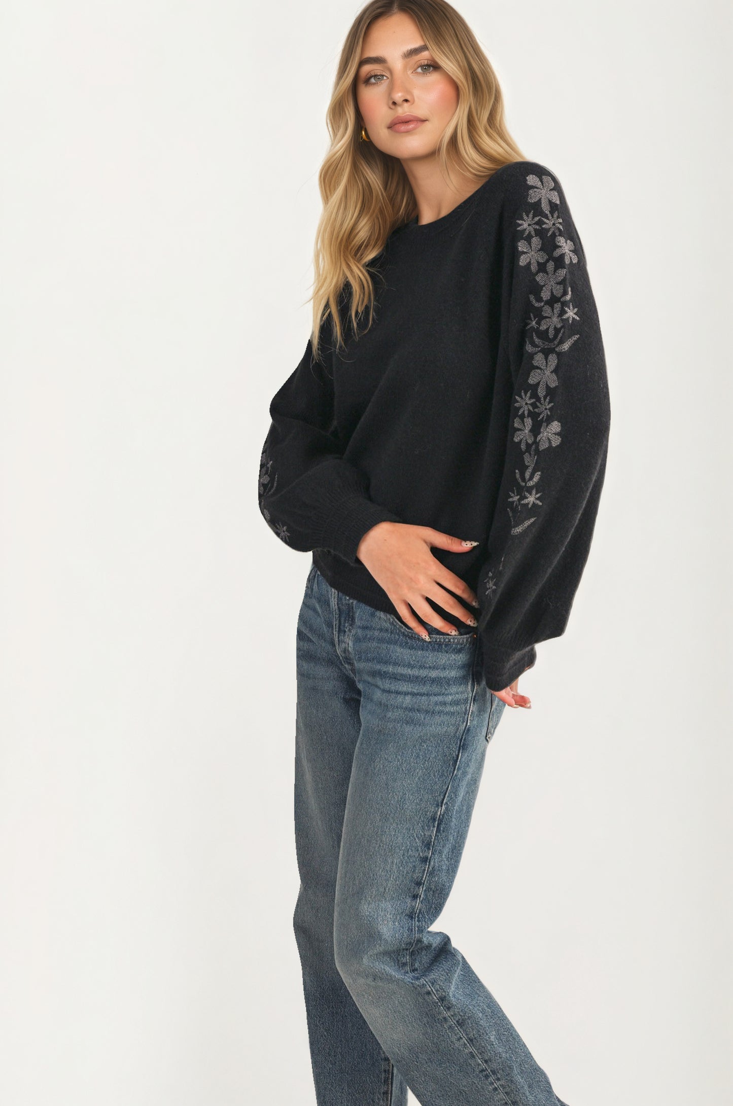 Floral Embroidered Sleeve Sweater with Relaxed Silhouette