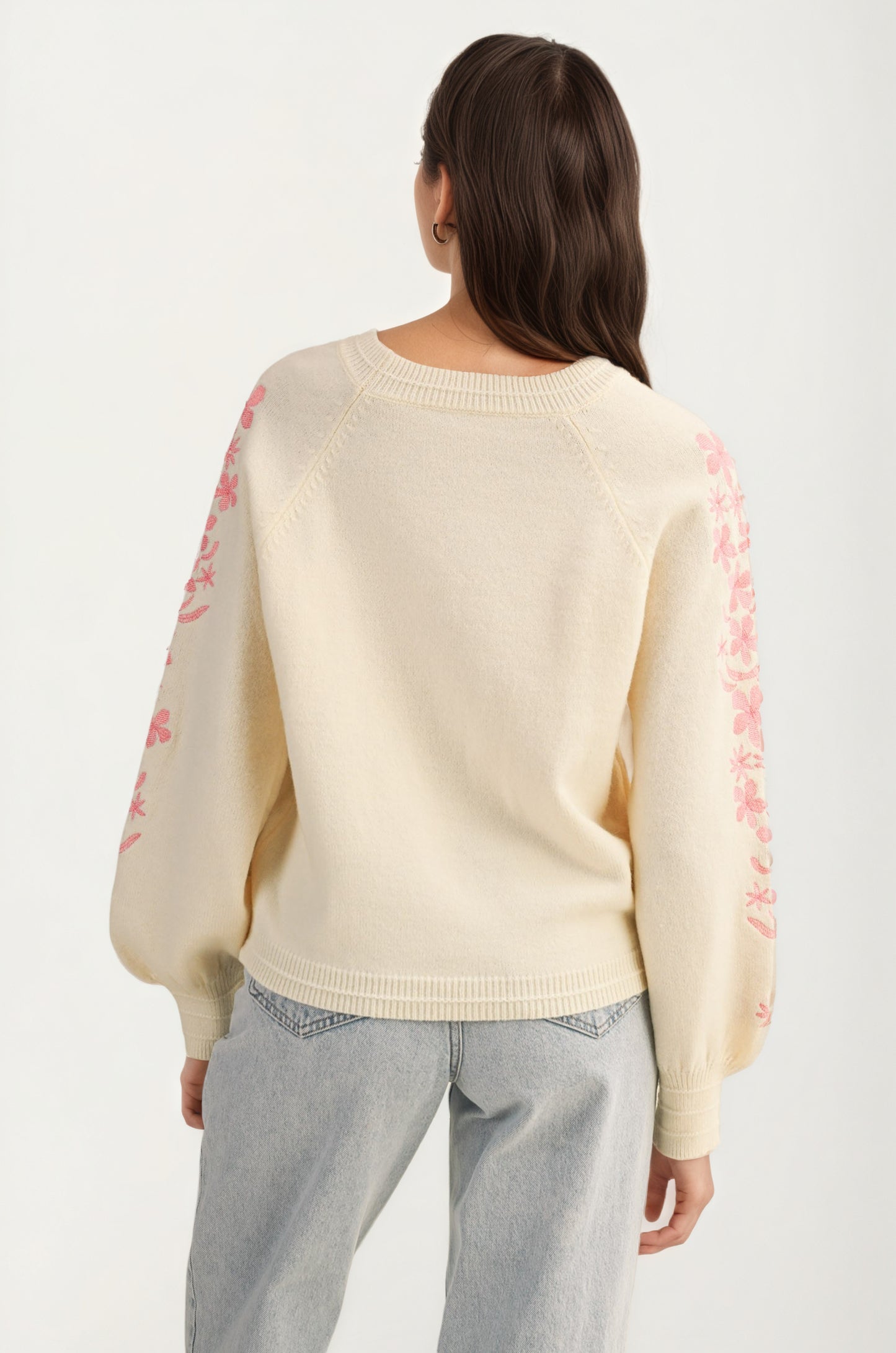Floral Embroidered Sleeve Sweater with Relaxed Silhouette