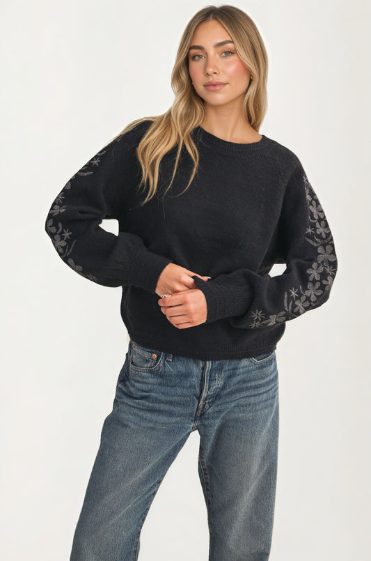 Floral Embroidered Sleeve Sweater with Relaxed Silhouette
