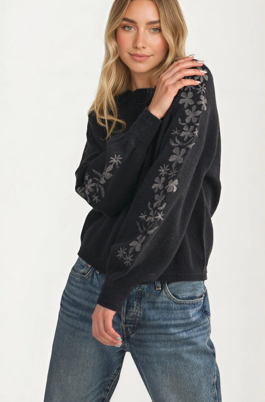 Floral Embroidered Sleeve Sweater with Relaxed Silhouette