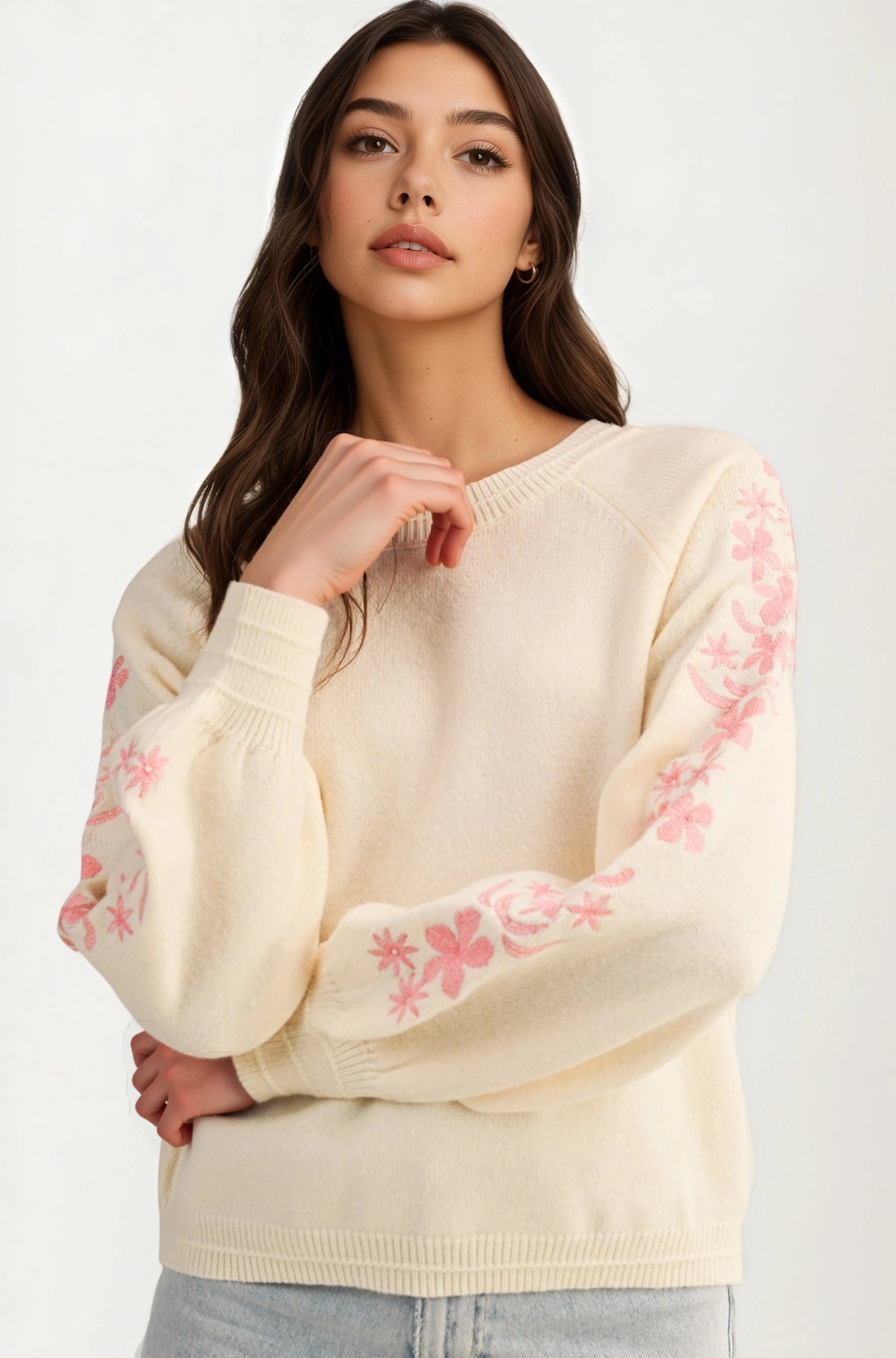Floral Embroidered Sleeve Sweater with Relaxed Silhouette