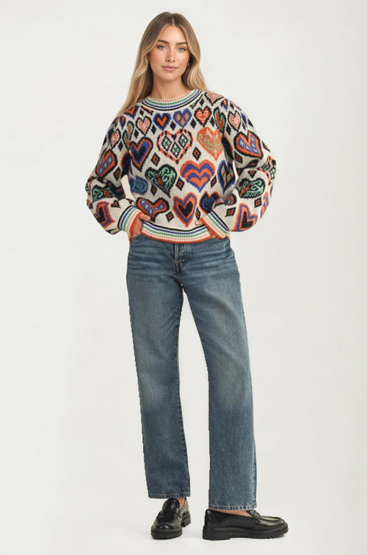 Colorful Heart Print Knit Sweater With Long Sleeves