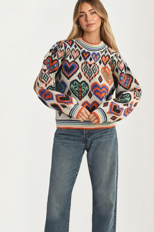Colorful Heart Print Knit Sweater With Long Sleeves