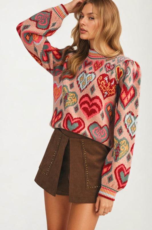 Colorful Heart Print Knit Sweater With Long Sleeves