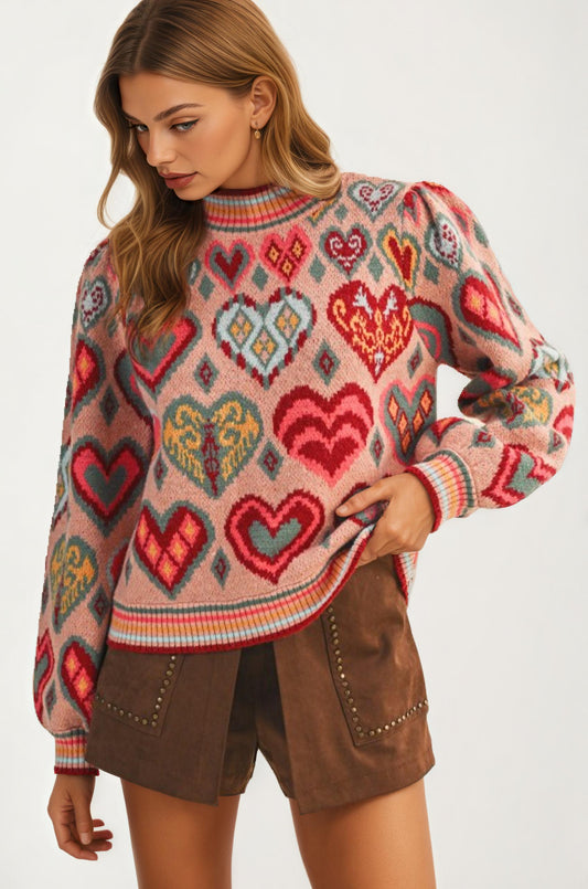 Colorful Heart Print Knit Sweater With Long Sleeves