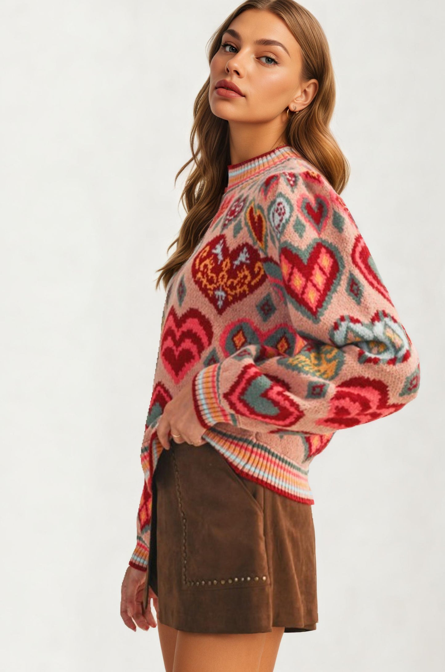 Colorful Heart Print Knit Sweater With Long Sleeves