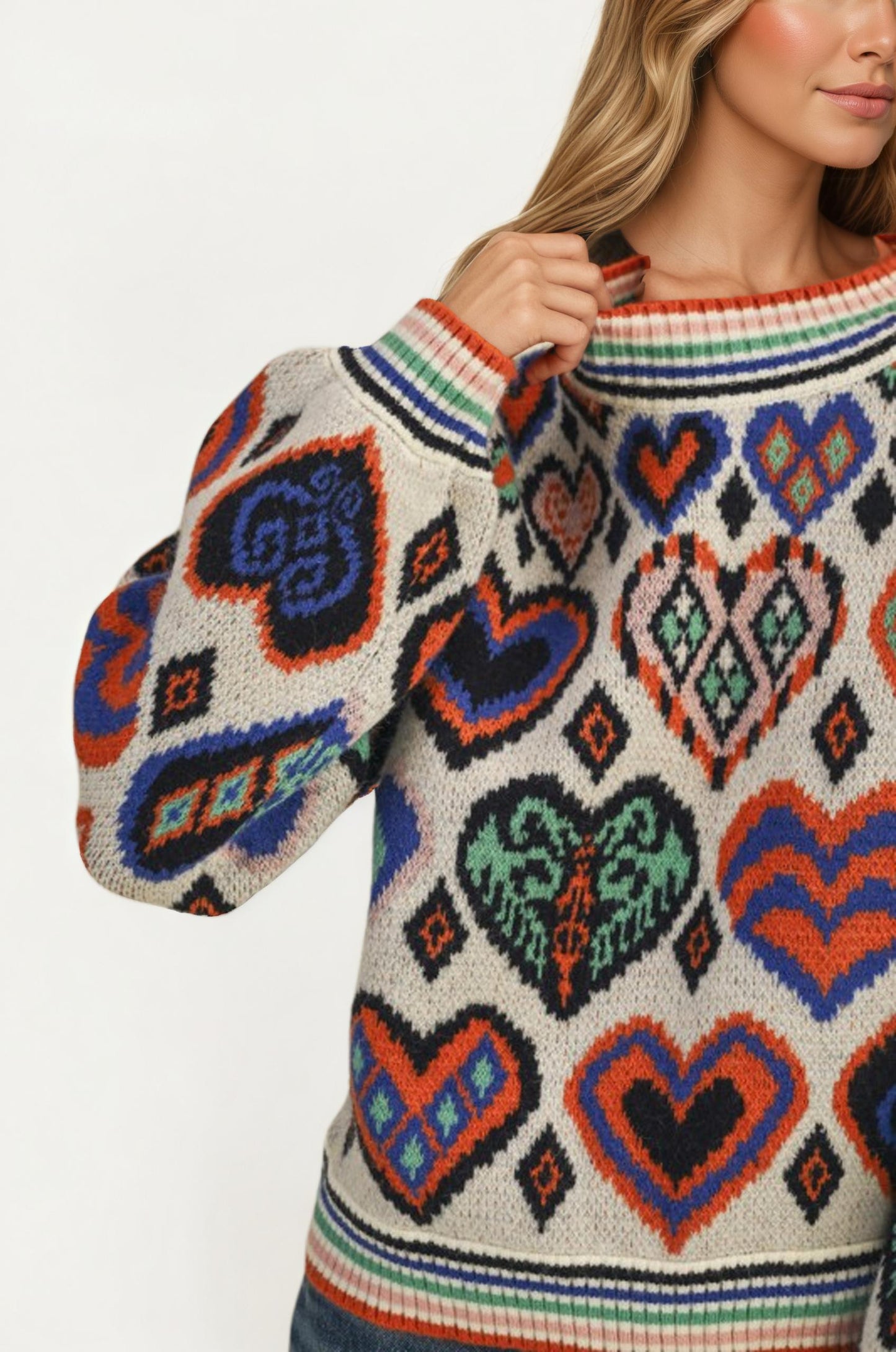 Colorful Heart Print Knit Sweater With Long Sleeves