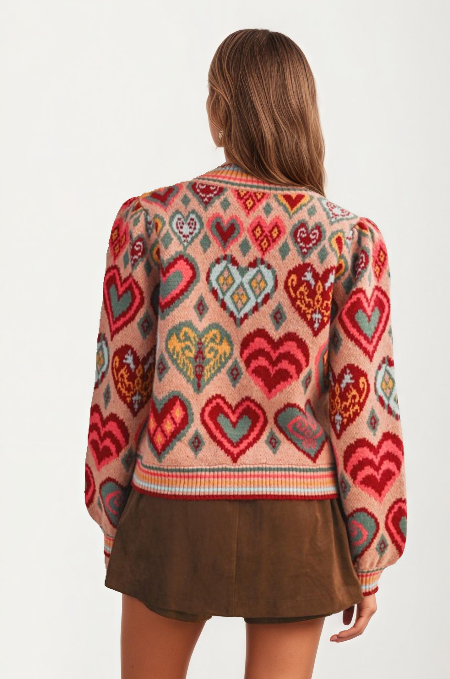 Colorful Heart Print Knit Sweater With Long Sleeves