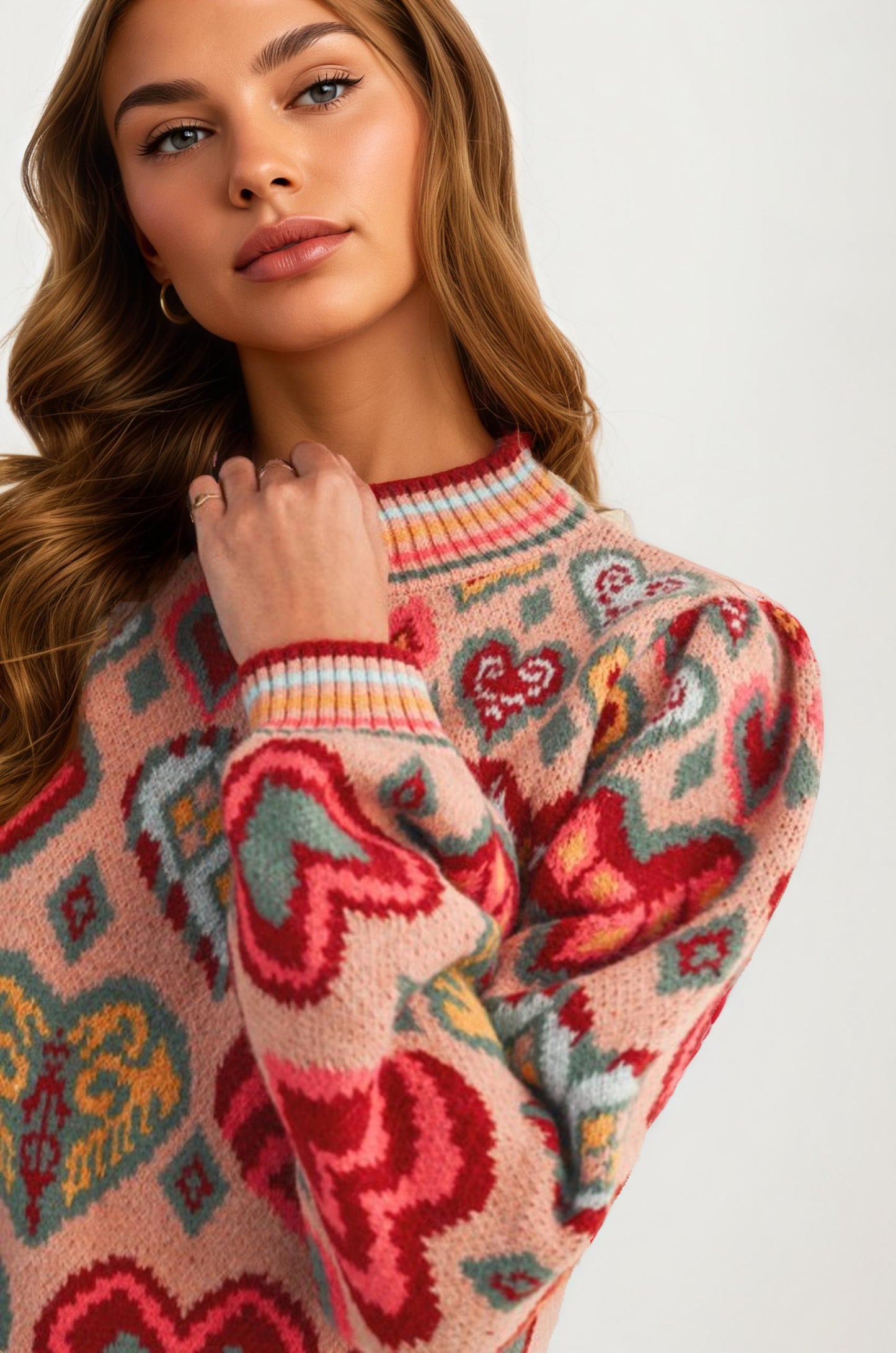 Colorful Heart Print Knit Sweater With Long Sleeves