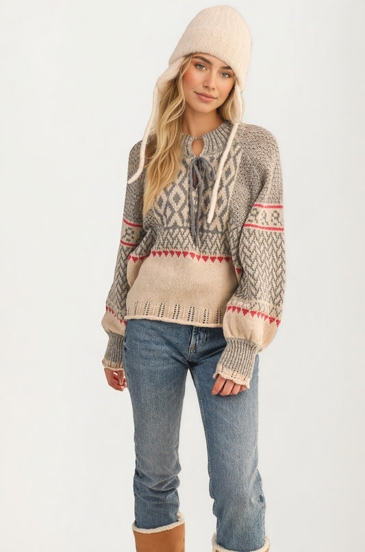 Fair Isle Tie-Neck Knitted Sweater