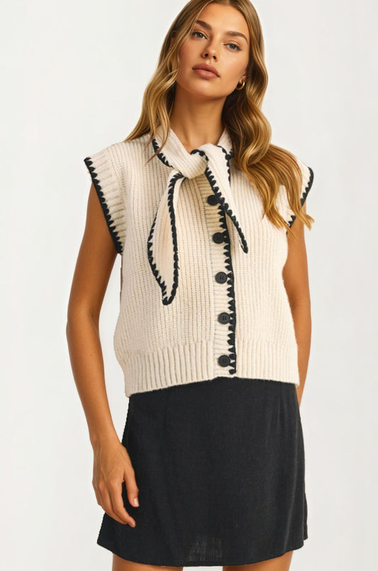 Sleeveless Knit Vest with Contrast Trim and Tie Detail
