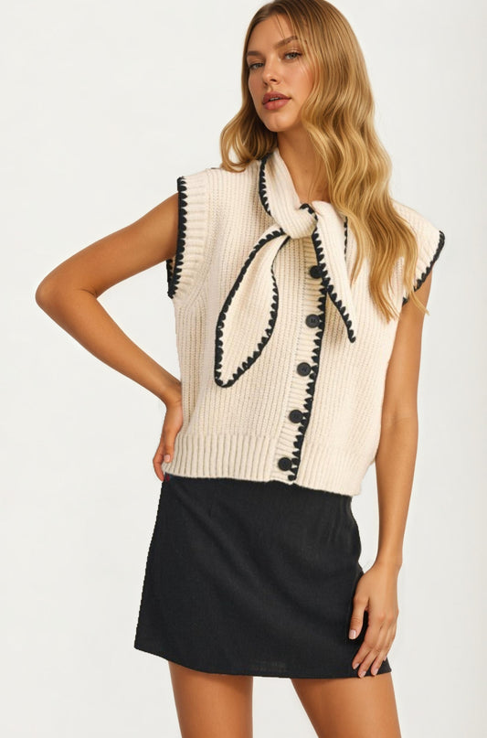 Sleeveless Knit Vest with Contrast Trim and Tie Detail