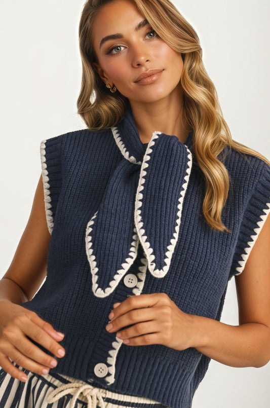 Sleeveless Knit Vest with Oversized Bow Collar and Contrast Trim