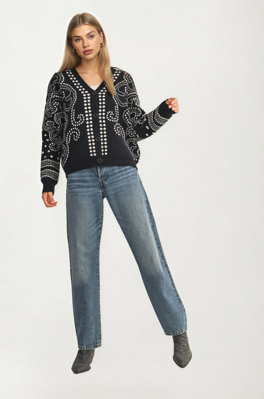Patterned Button Cardigan with Relaxed Modern Fit