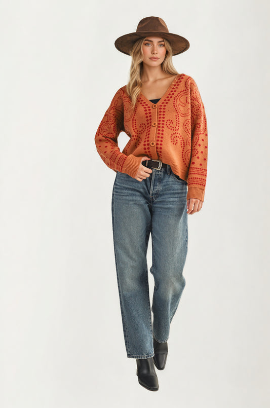 Patterned Button Cardigan with Relaxed Modern Fit