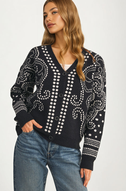 Patterned Button Cardigan with Relaxed Modern Fit