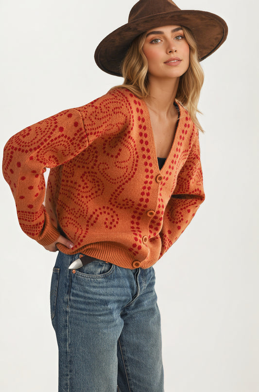 Patterned Button Cardigan with Relaxed Modern Fit