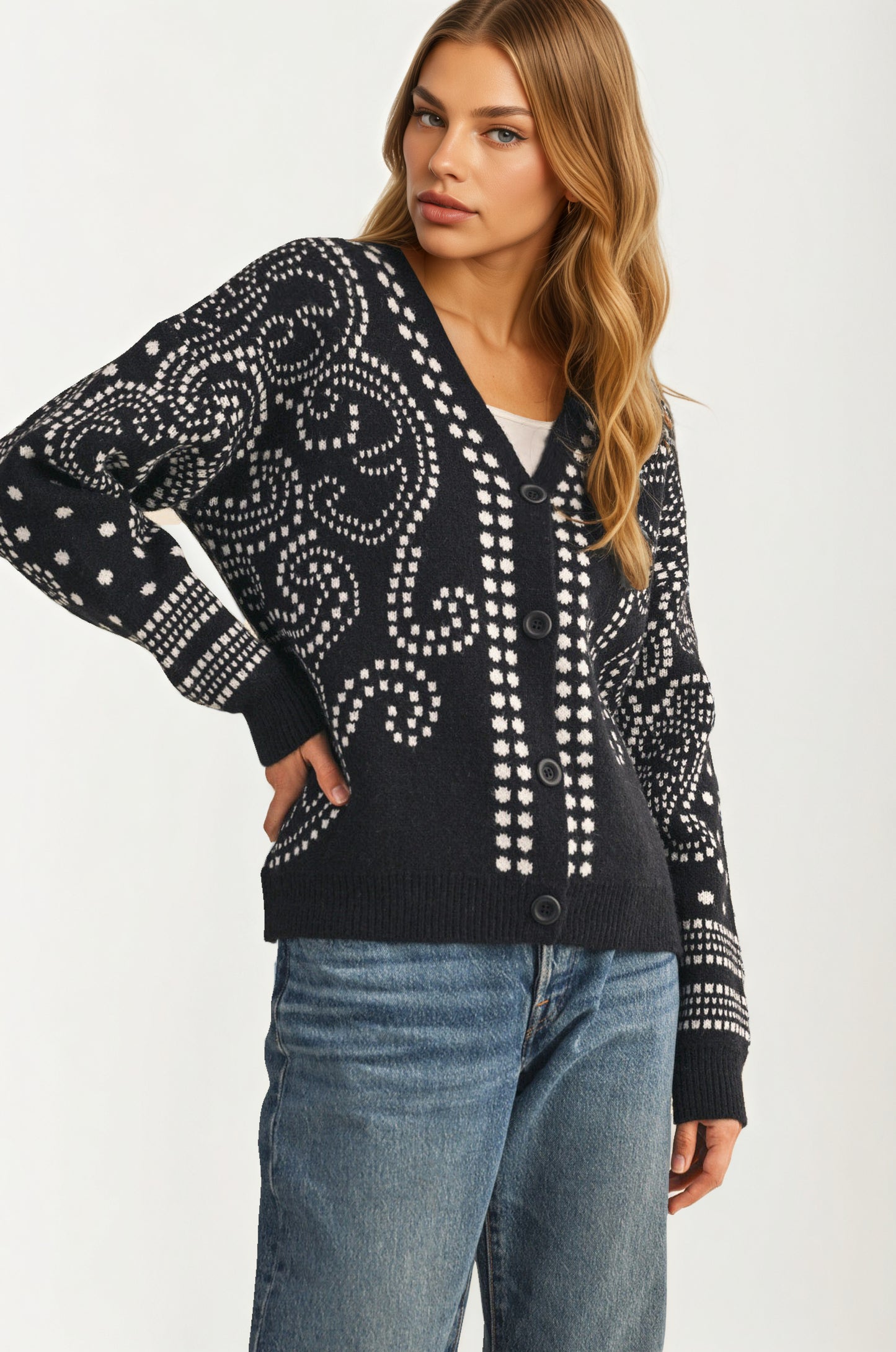 Patterned Button Cardigan with Relaxed Modern Fit