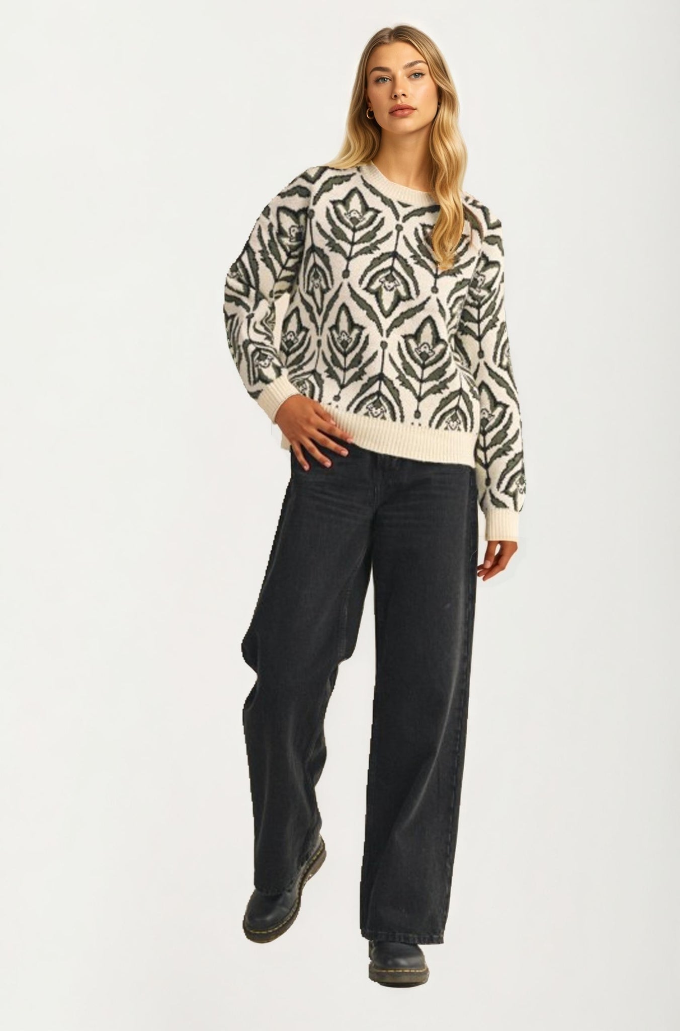 Ivory Green Floral Knit Sweater with Relaxed Fit