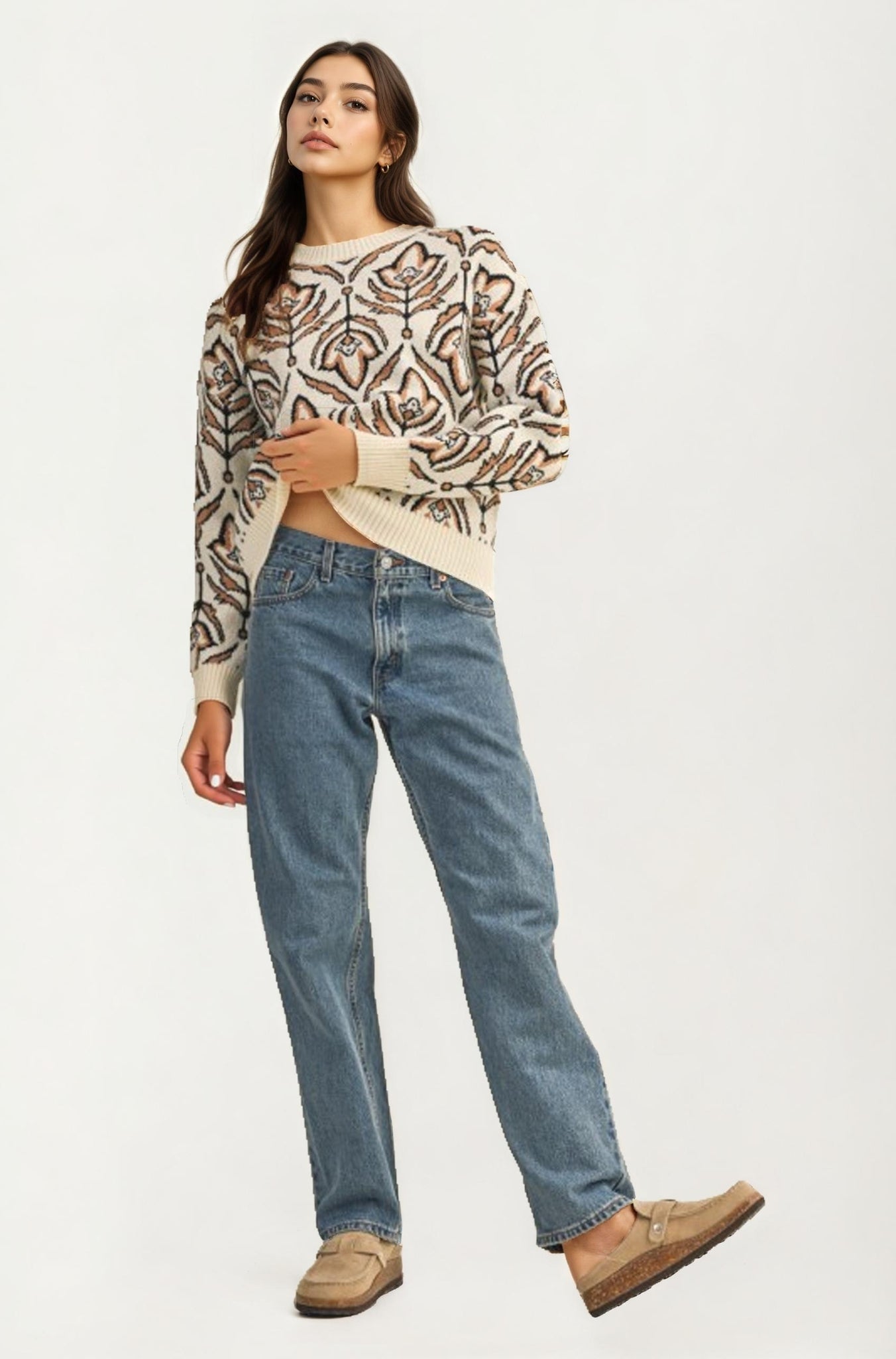 Crew Neck Sweater with Abstract Floral Pattern