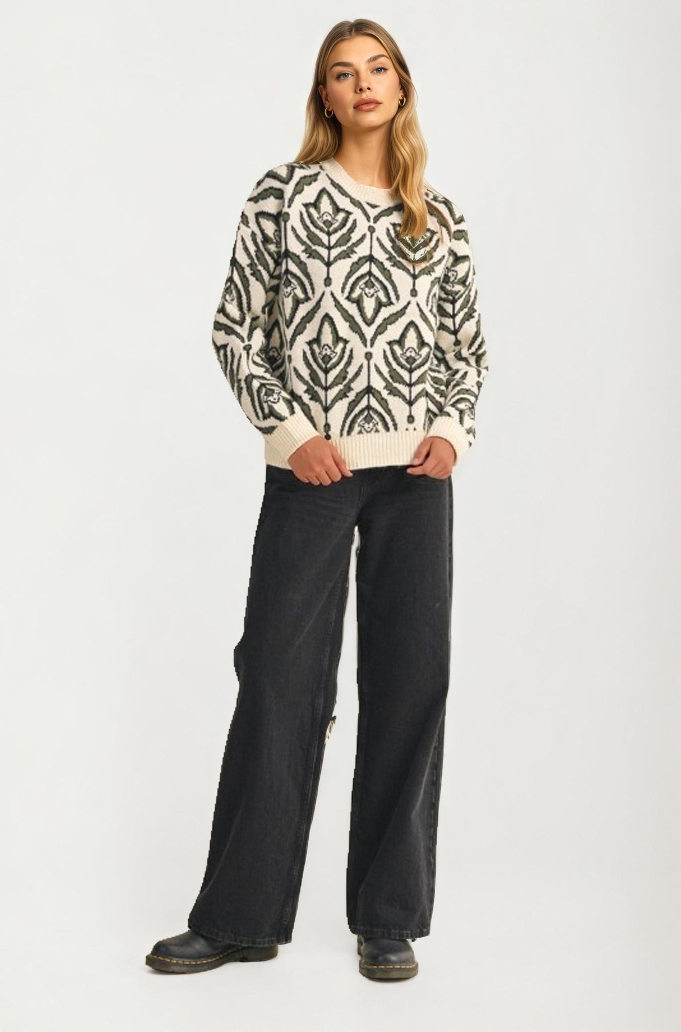 Ivory Green Floral Knit Sweater with Relaxed Fit
