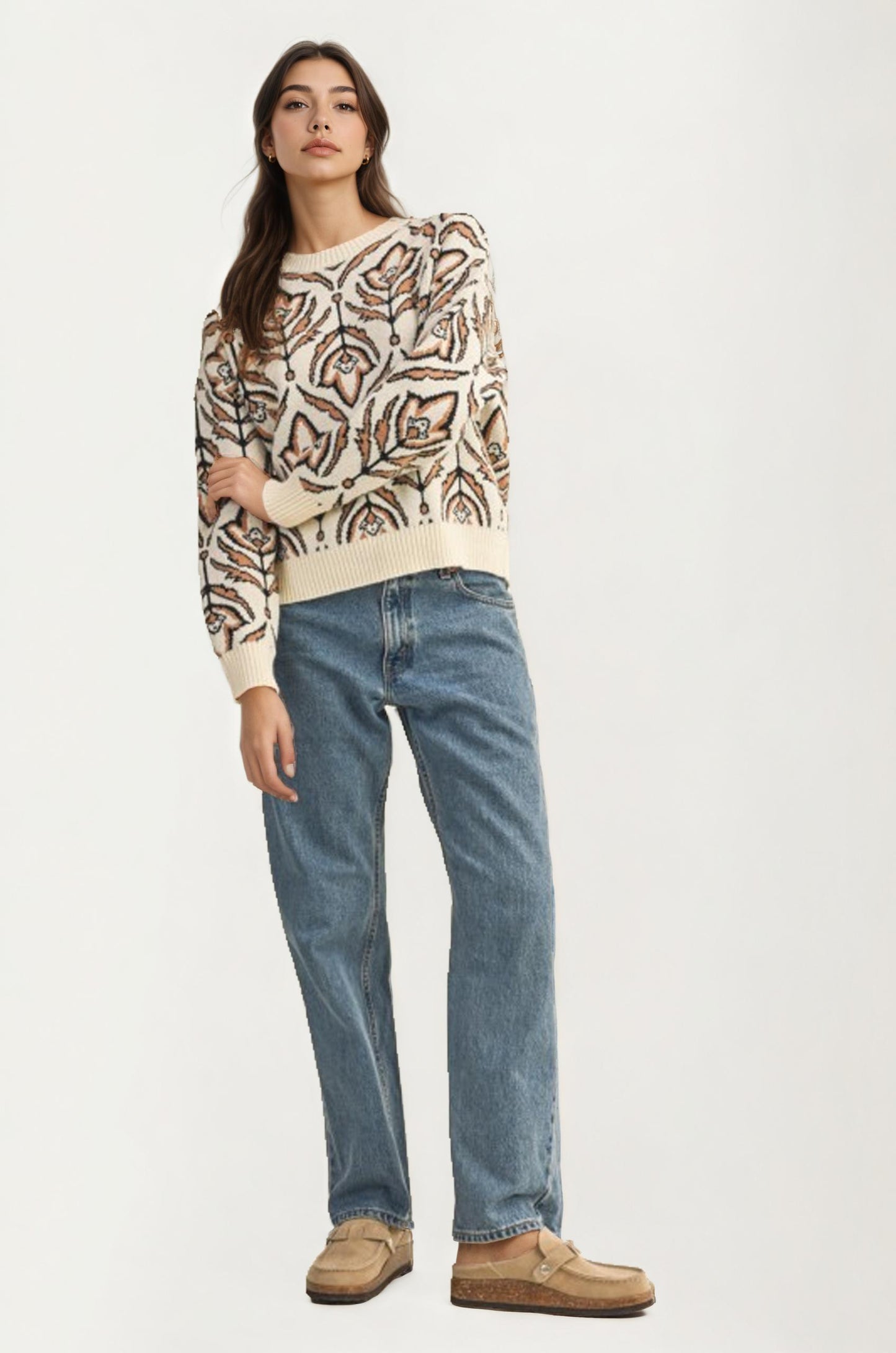 Crew Neck Sweater with Abstract Floral Pattern