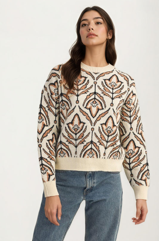Crew Neck Sweater with Abstract Floral Pattern