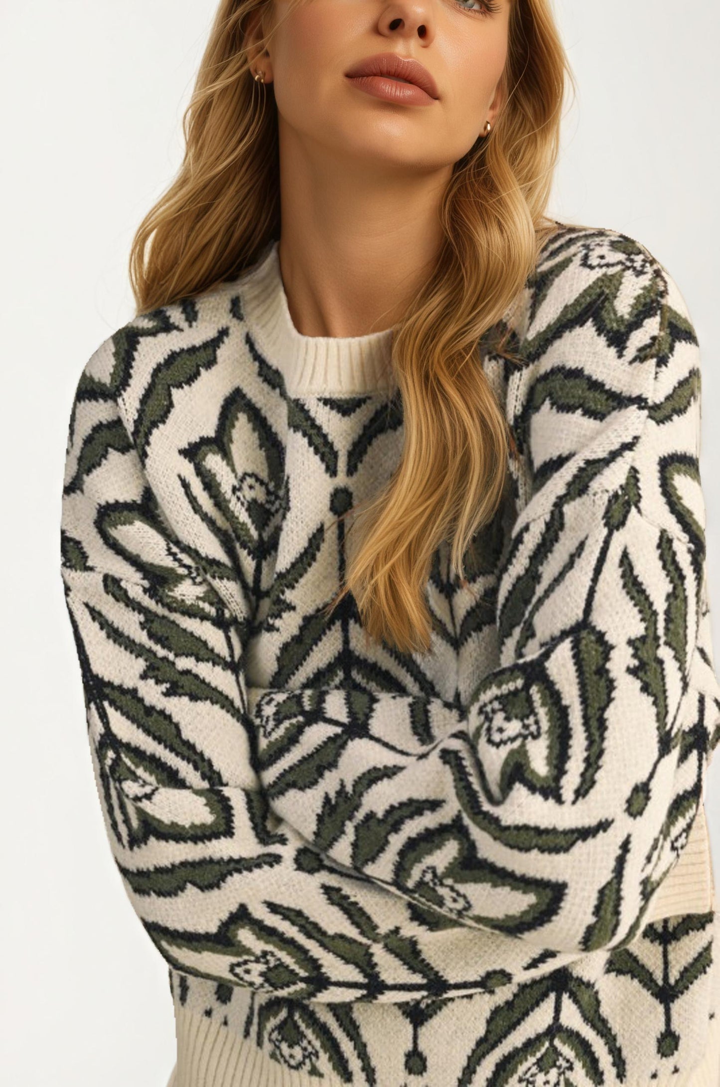 Ivory Green Floral Knit Sweater with Relaxed Fit