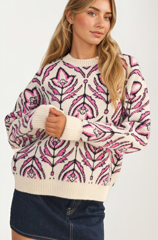 Floral Jacquard Crewneck Sweater in Ivory and Red