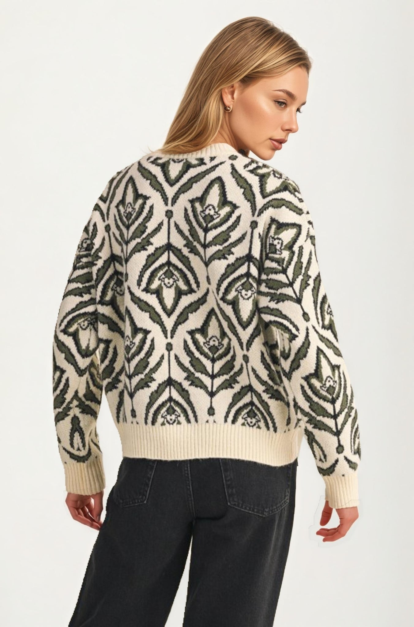 Ivory Green Floral Knit Sweater with Relaxed Fit