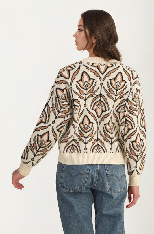 Crew Neck Sweater with Abstract Floral Pattern