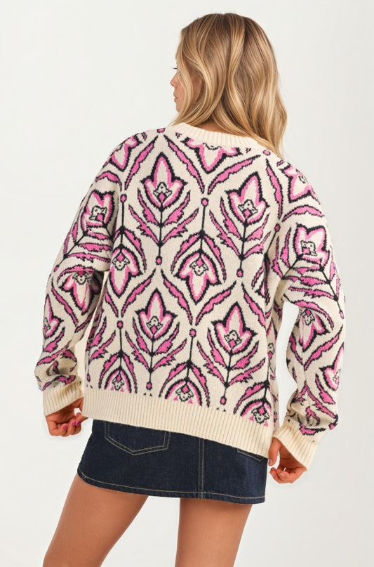 Floral Jacquard Crewneck Sweater in Ivory and Red
