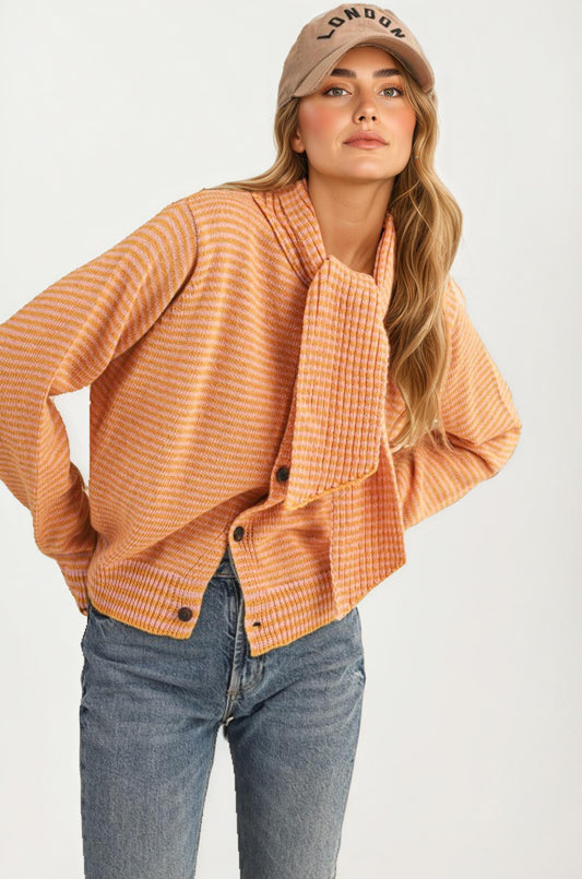 Striped Knit Button Cardigan with Tie-Neck Scarf Detail