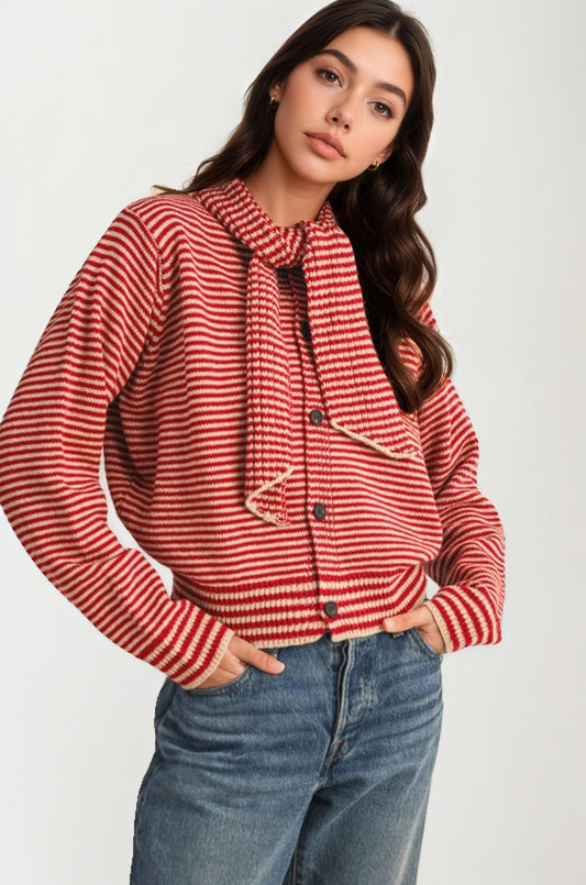 Striped Knit Button Cardigan with Tie-Neck Scarf Detail