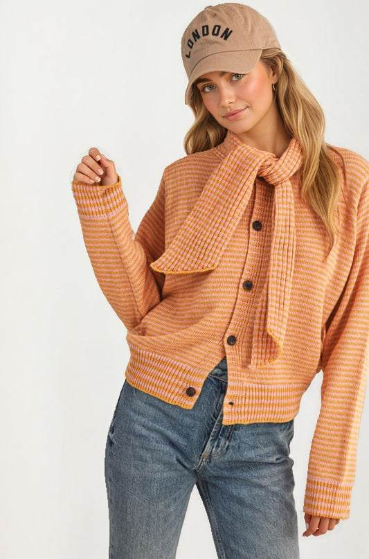 Striped Knit Button Cardigan with Tie-Neck Scarf Detail