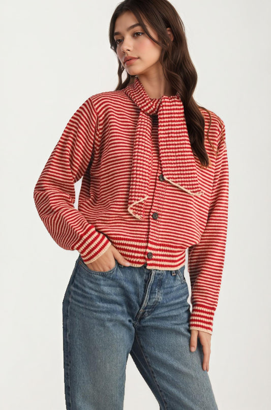 Striped Knit Button Cardigan with Tie-Neck Scarf Detail